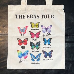 Taylor Swift Eras Tour White Tote Bag with Multicolor Butterfly Design